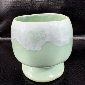Antique USA Ohio Pottery Footed Bowl Vase Planter Green Milky White Ombre VTG